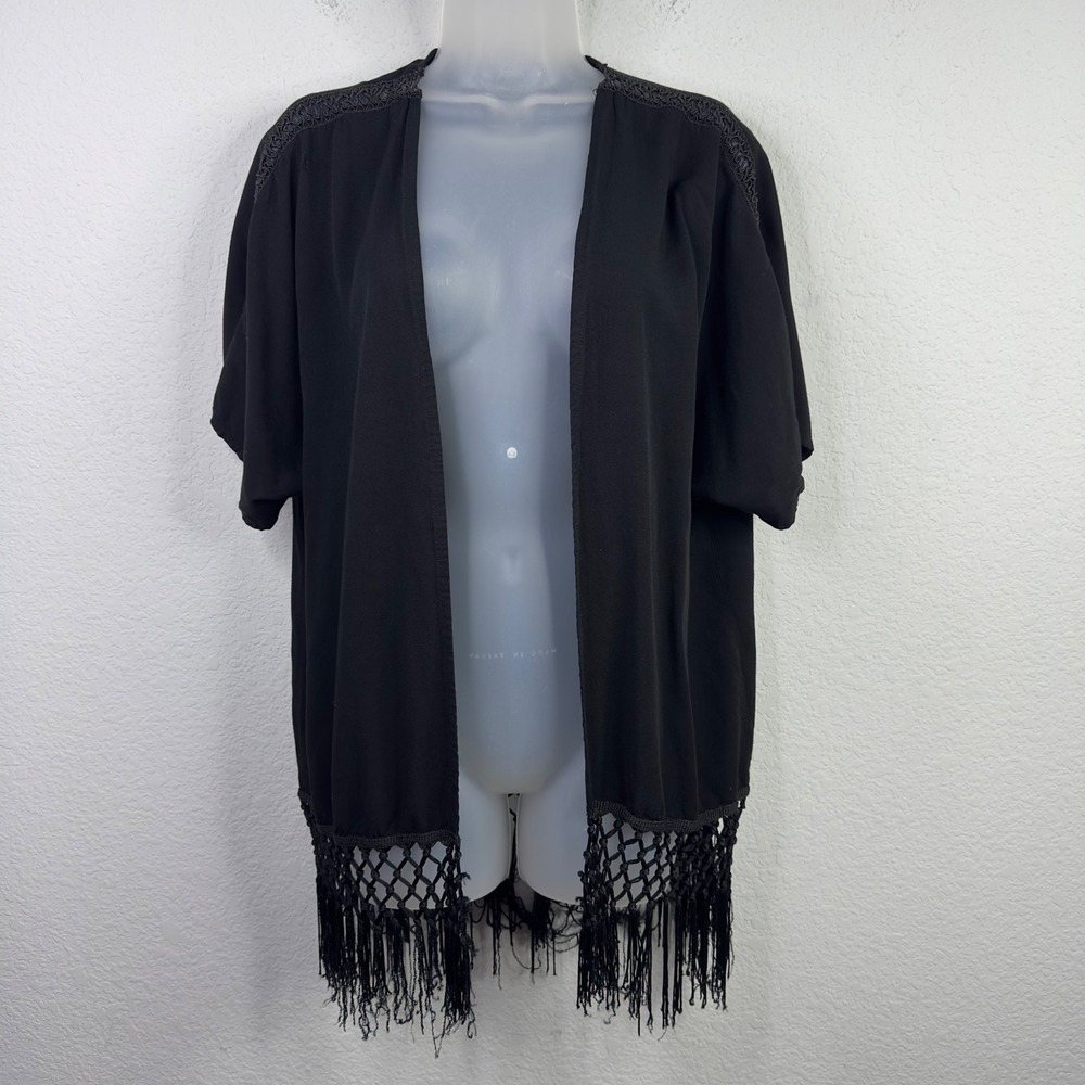 Whitney Port Kimono Cardigan Womens M Black Fringe Boho Festival Hippie Goth‎